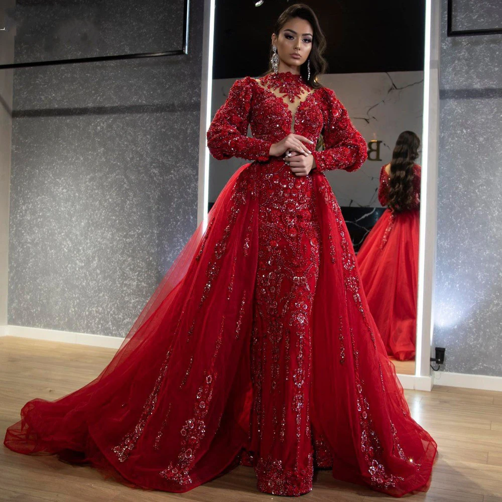 

Glamorous Red Evening Dresses Lace Appliques Long Puff Sleeves Beaded Prom Gowns Custom Made With Overskirts Party Dresses