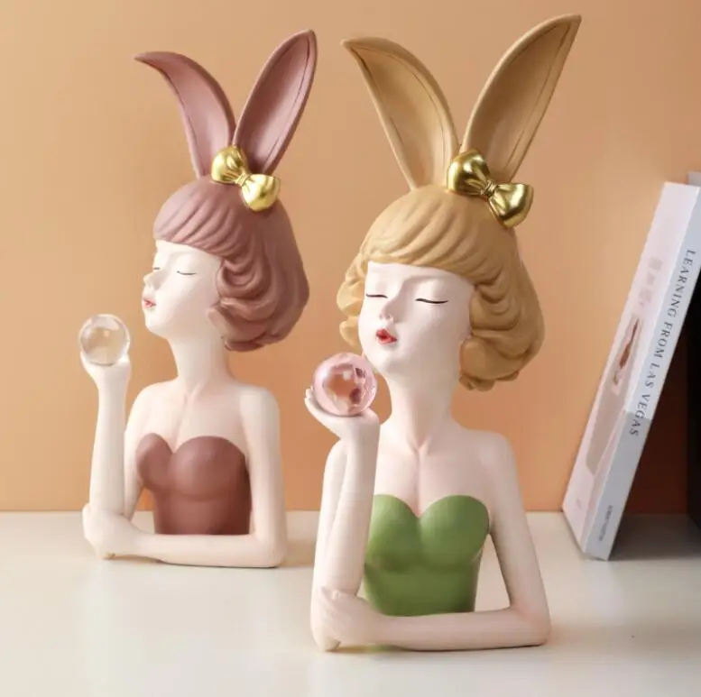 

European Cute Resin Holding Crystal Ball Bunny Girl Sculpture Home Livingroom Desktop Ornaments Crafts Hotel Store Decoration