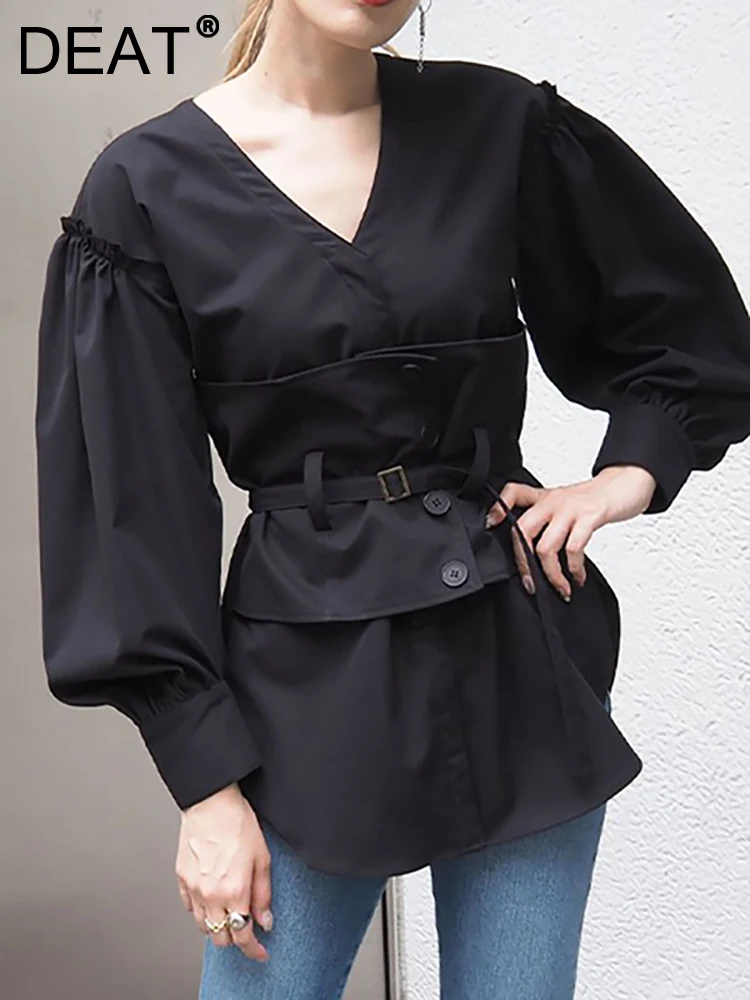 

DEAT Fashion Women's Shirt V-neck Lacing Strap Waist Single Braested Pleated Solid Color Blouse Female Spring 2023 New 17A6162