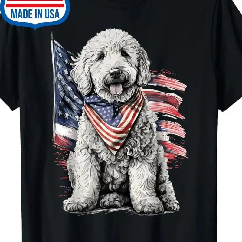 Фото Прочная футболка с винтажным патриотическим принтом Golden Doodle Dog, 100% хлопок, круглый вырез горловины №1