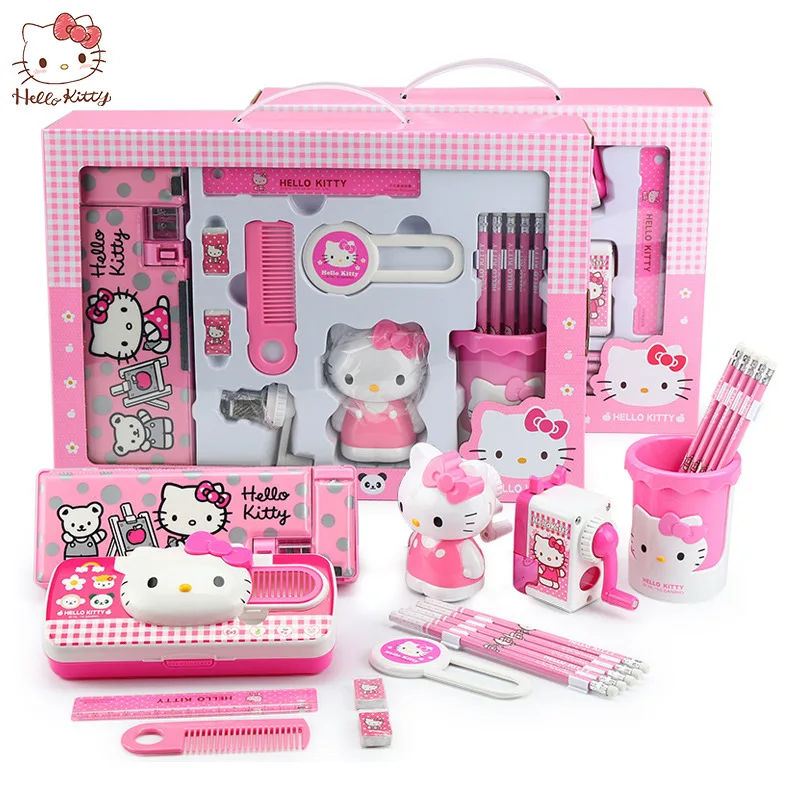 

Stationary Set Kawaii Sanrio Hello Kitty Anime Figure Pencil Case Pencil Sharpener Pen Holder Eraser Ruler School Supplies Gifts