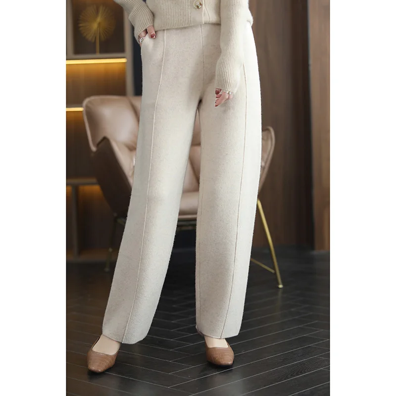 

Новинка Осень-Зима 100% чистые шерстяные широкие брюки с высокой талией для женщин свободные прямые трикотажные брюки