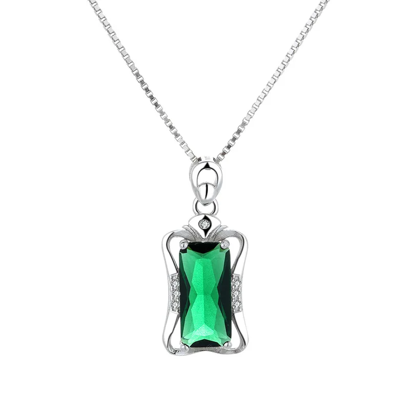 

Silver S92 Women's Emerald Pendant Female Retro Elegant National Red Zircon Rectangular Necklace