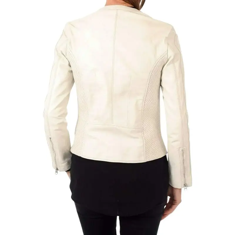 Womens Genuine Lambskin Real Leather Off White Jacket Ladies Slim Fit Biker Coat