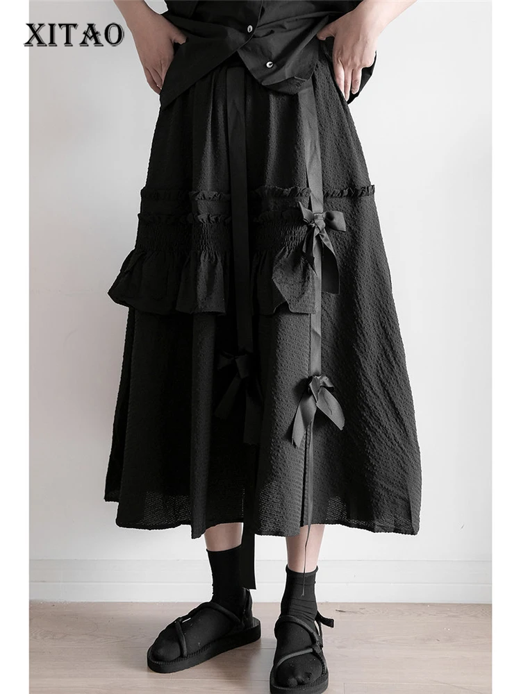 

XITAO Bow Black Skirt Fashion Pleated Goddess Fan Casual Style Patchwork 2022 Summer Minority Loose Mid Calf Skirt WMD6873