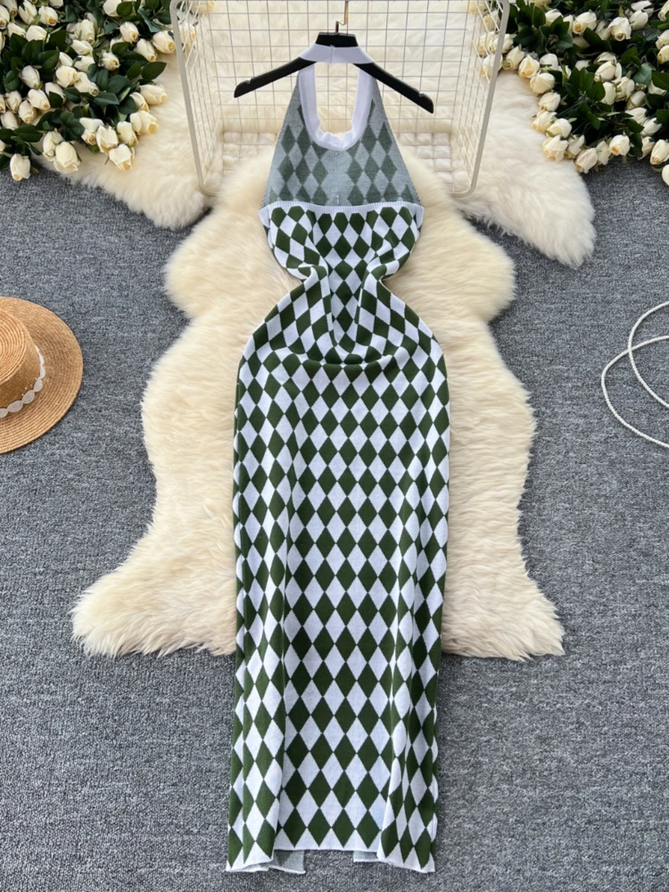 Foamlina женское элегантное клетчатое вязаное длинное платье винтажное облегающее