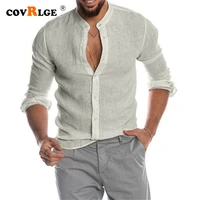 covrlge solid linen stand collar cardigan long sleeve loose mens shirt summer casual style comfortable top men clothes mcs184