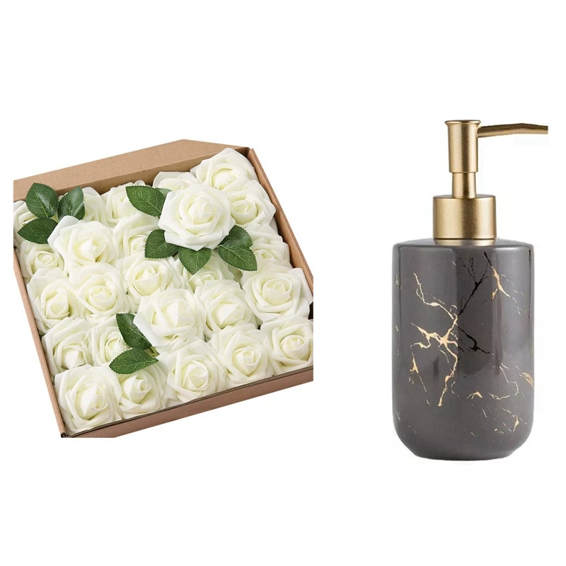 

25 Pcs Big PE Foam Rose Artificial Flower Head & 1 Pcs 300ML Ceramics Emulsion Bottles Creative Latex Bottles