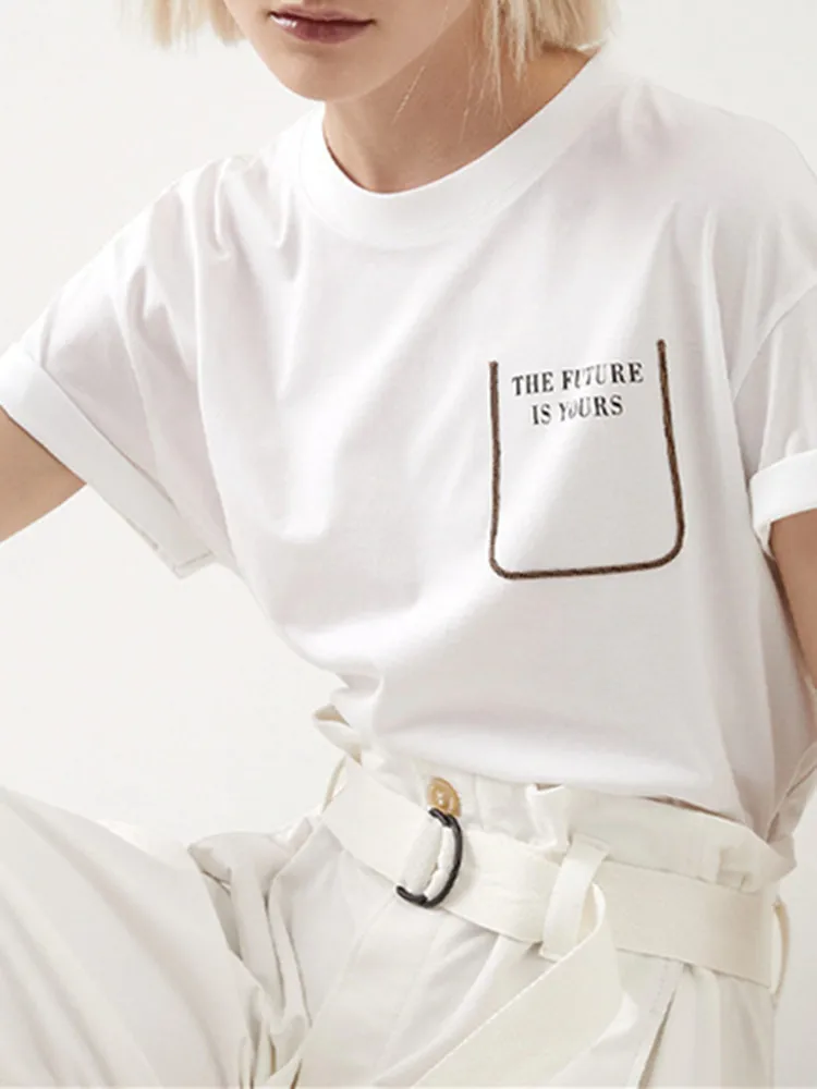 

Women Tees Letter Beading Pocket O-Neck Casual T-Shirts