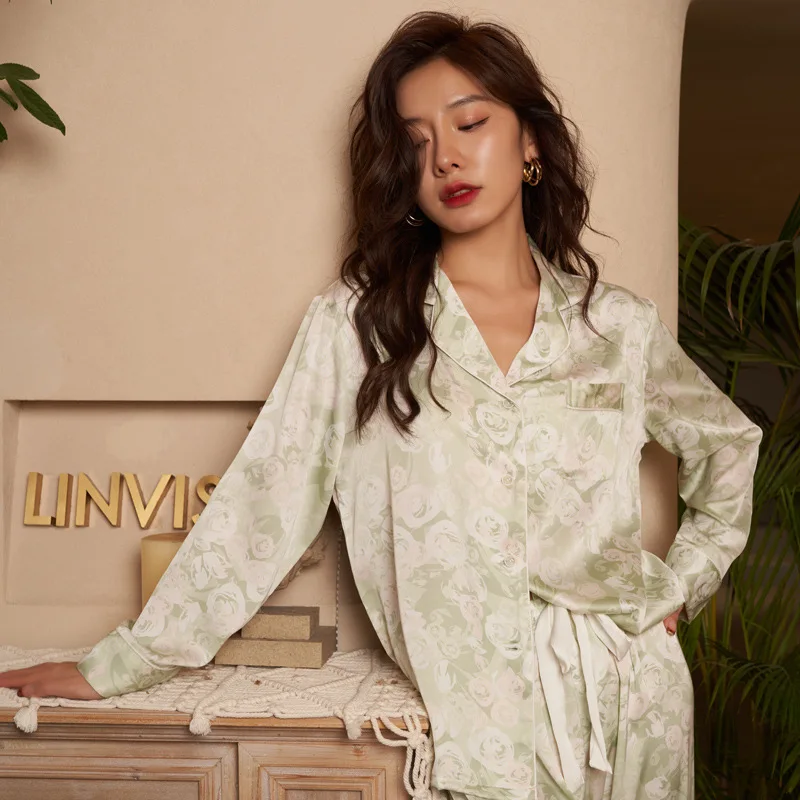 Women's 2 Piece Pajamas Sets Rose Print Pijama Ice Silk Pyjama Female Sleepwear Long Sleeve Shirt Trouser Homewear Loungewear