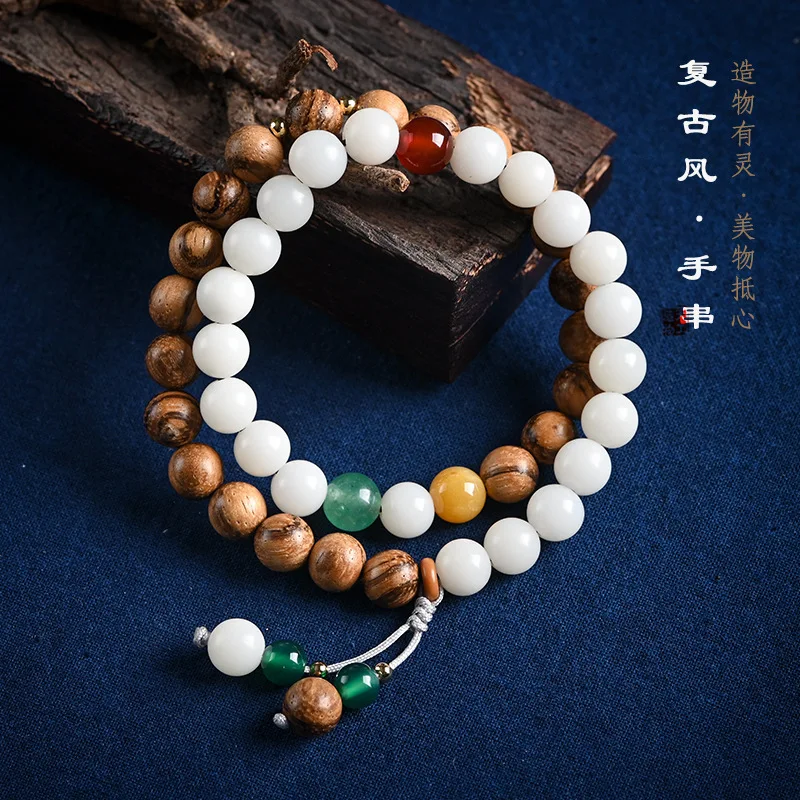 

Agarwood White Jade Bodhi root hand string double circle lovers literary and artistic folk style Wooden Buddha beads bracelet