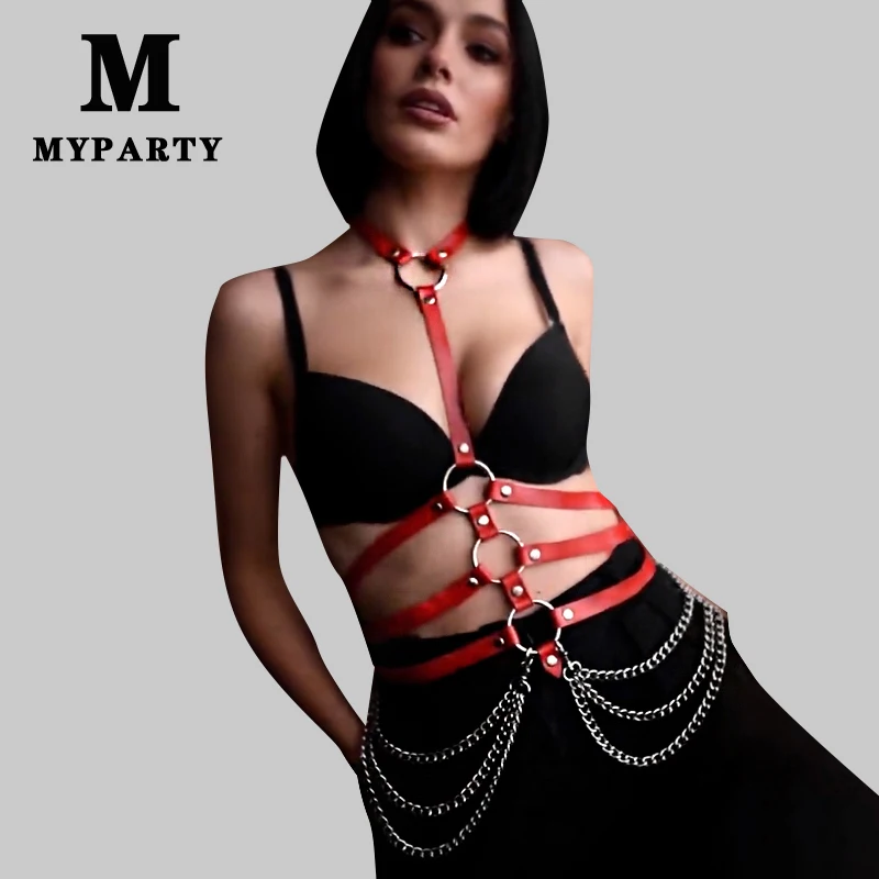 

Punk Leather Body Harness Chain Belt Top Women Goth Hollow Sexy Chest Strap Waist Chain Tight Suspender Lingerie Party Outfit