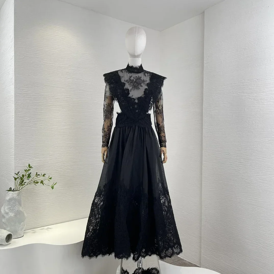 

Newest Collection 2023 Austrlia Design Top Quality Black Long Sleeve Lace Patchwork Princess Dresses for Women