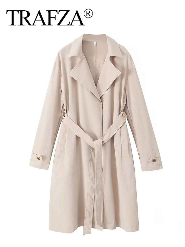 

TRAFZA Elegant Female Temperament Belt Side Pockets Slim Windbreaker Woman New Fashion Solid Color Long Sleeve Lapel Slim Coat