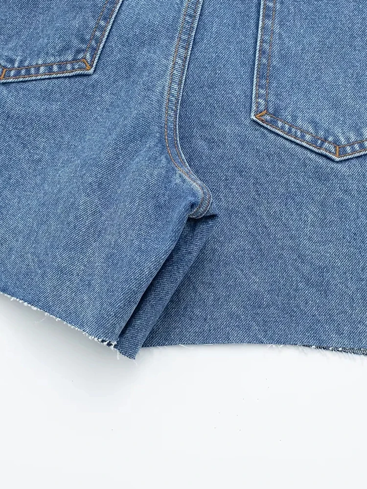 PAILETE Women 2023 fashion patch pockets denim wrap shorts skirts vintage high waist frayed trims female skort mujer