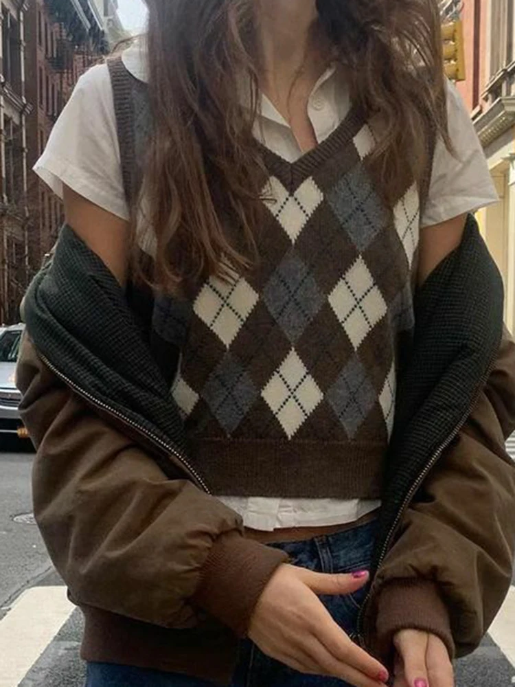 Клетчатый вязаный облегающий свитер жилет Женский Осенний мягкий хлопковый