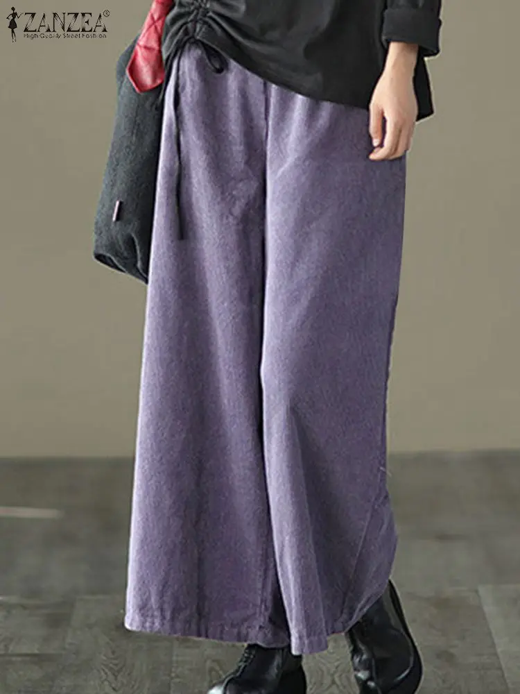 

Брюки ZANZEA женские вельветовые с широкими штанинами, Длинные Теплые повседневные брюки оверсайз с эластичным завышенным поясом, осень