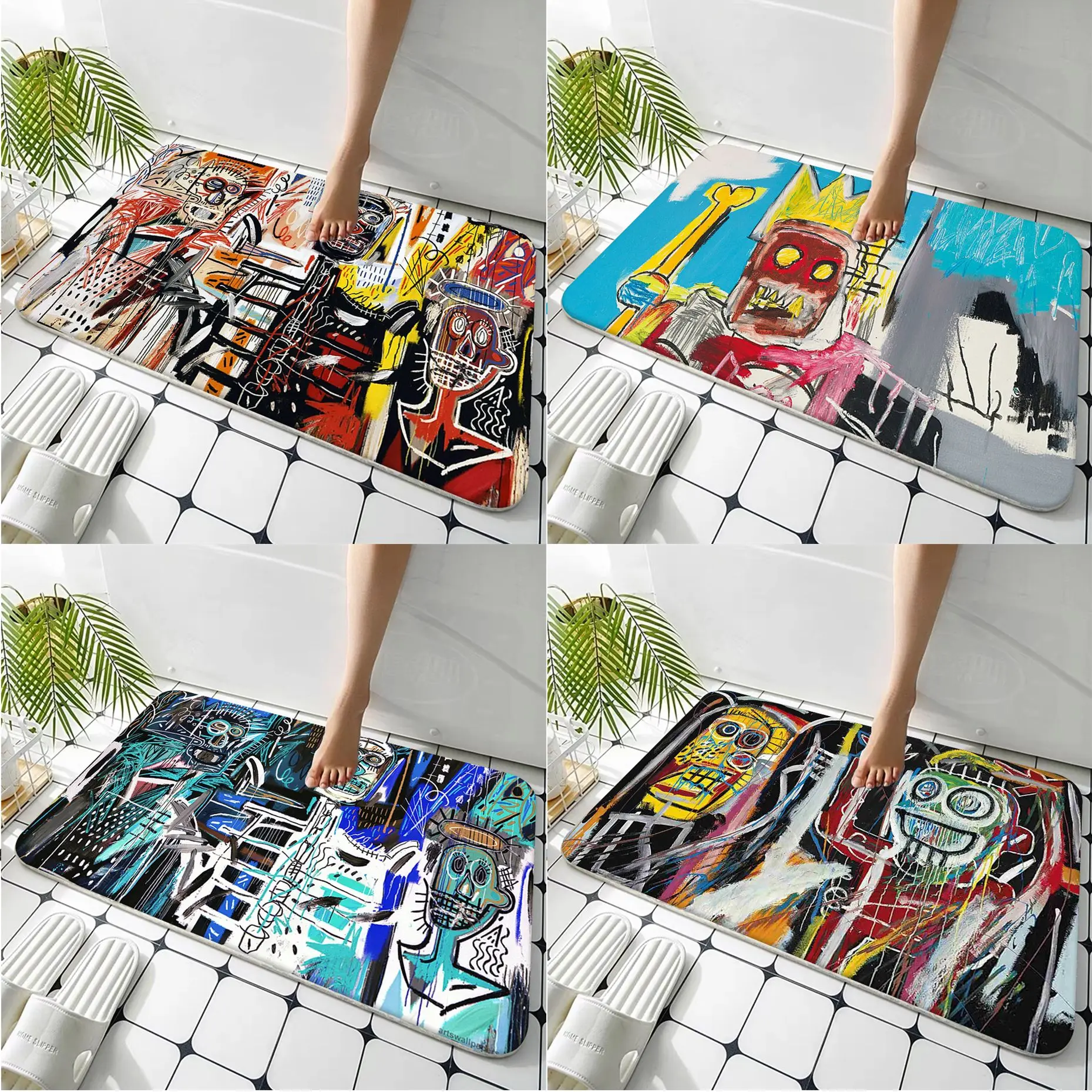

Jean Michel Basquiat Art Graffiti Flannel Floor Mat Bathroom Decor Carpet Non-Slip For Living Room Kitchen welcome Doormat