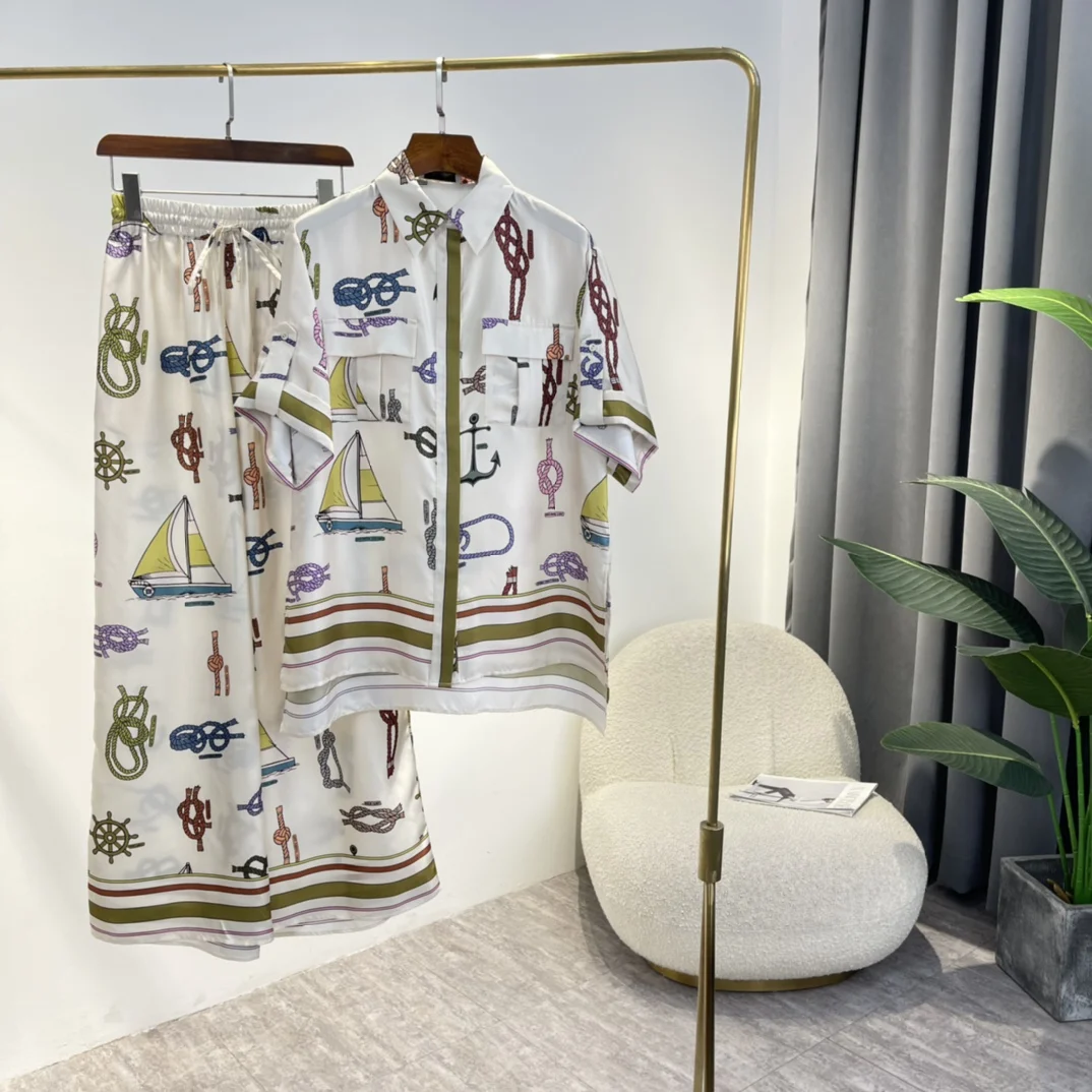 

Red Blue Purple Navigation Element Boat Printing Pants Set 2022 Summer Ladies Short Sleeve Blouse High Quality Suit