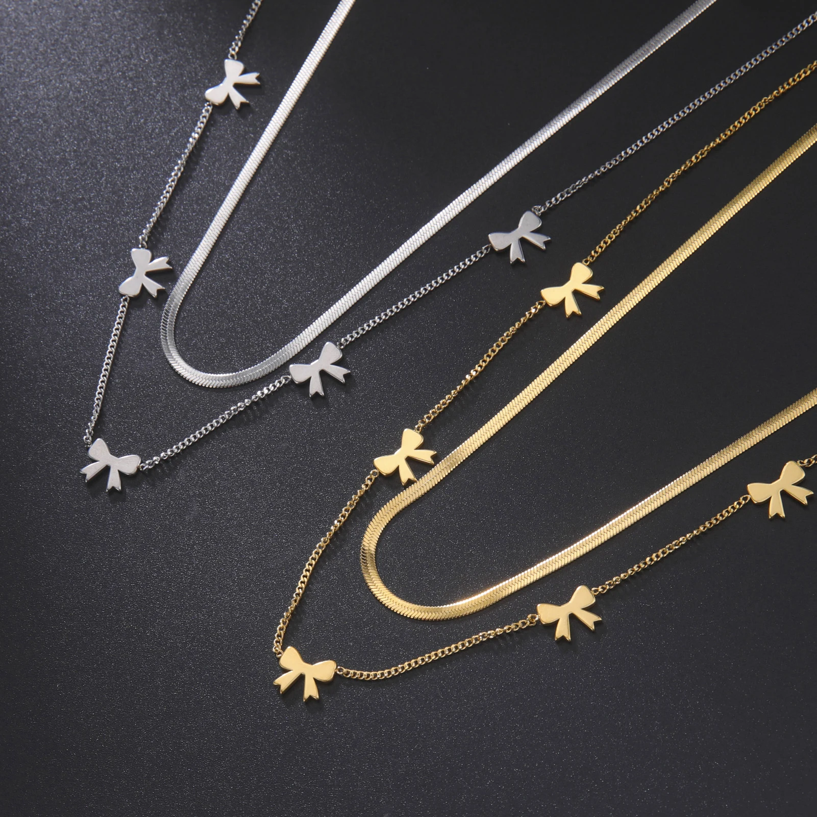 

Bow Moon Flower Heart Pendant Double Layer Necklace for Women Stainless Steel Snake Chain Choker Wedding Party Gift