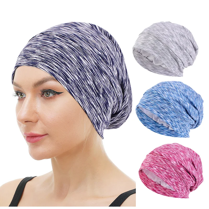

New Elastic satin Linned Turban Caps Muslim Beanie Cap Double Layer Cancer Chemo Caps Bonnet Head Scarf Hijab Turbans Hair loss