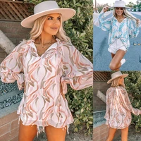 spring and summer new european and american fashion printing v neck lantern long sleeve loose casual womens top om9988