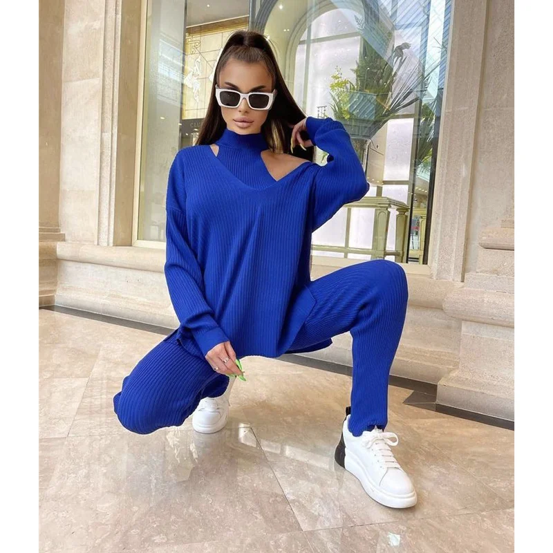 

Женский вязаный комплект из двух предметов, синий свитер, модный Свободный пуловер в стиле ретро с длинными рукавами и вырезами, зимние топы...