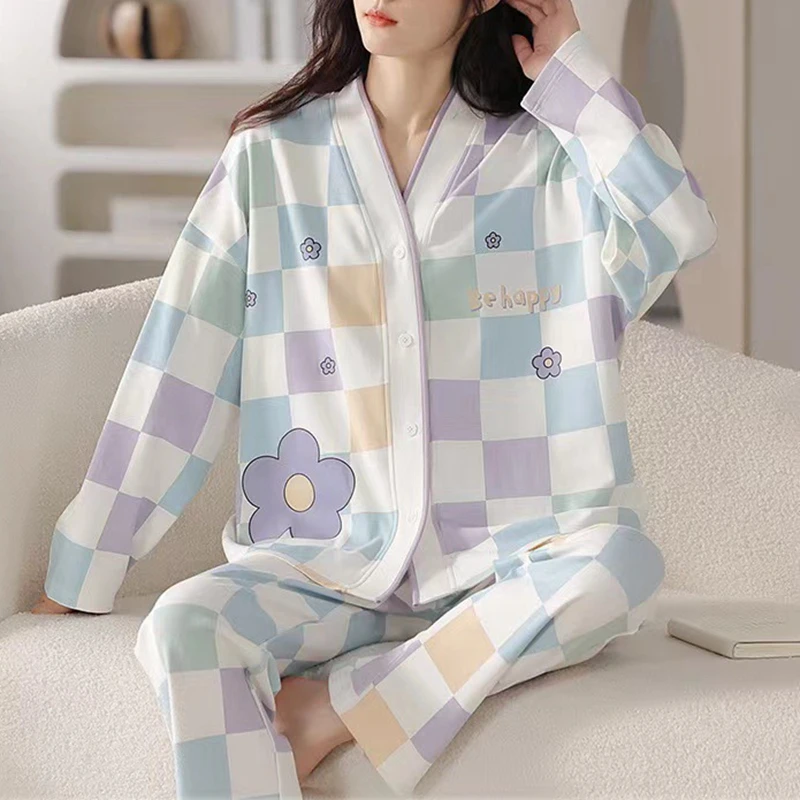 

Korean Women Pajamas Set Kimono Spring Autumn Cute Cartoon Pijamas Long Sleeved Sleepwear Fashion Woman Loungewear Pyjamas