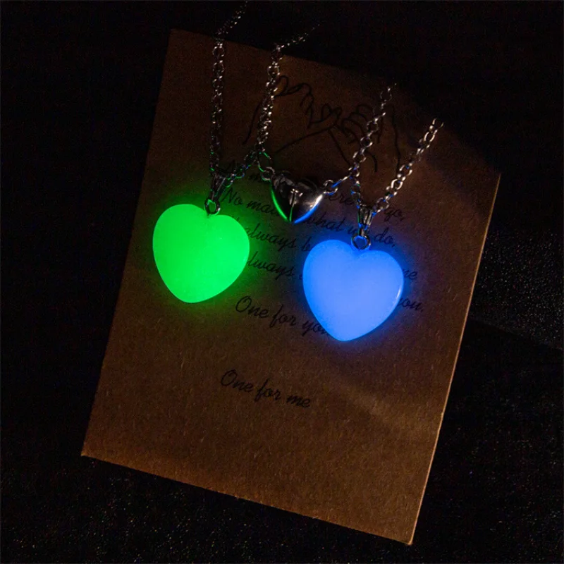 

2Pcs/Set Luminous Hexagonal Column Heart Pendant Couple Magnetic Necklace Natural Stone Prism Geometric Rope Chain Jewelry Gifts