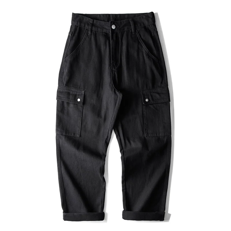Men Clothing Autumn and Winter New Pattern Multiple Pockets Black Cargo Pants Broad Leg Straight Cylinder Loose Jeans Female