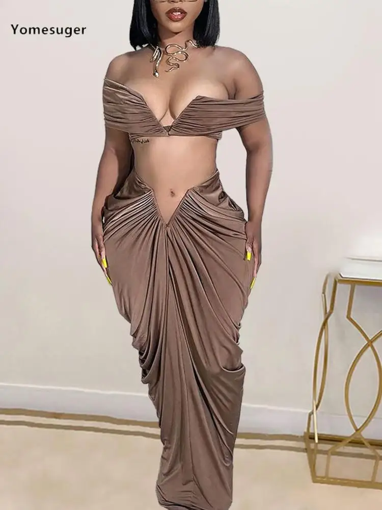 

Женский костюм с рюшами Soefdioo, укороченный топ с открытыми плечами и длинная юбка с заниженной талией, сексуальный женский костюм из двух предметов, 2023