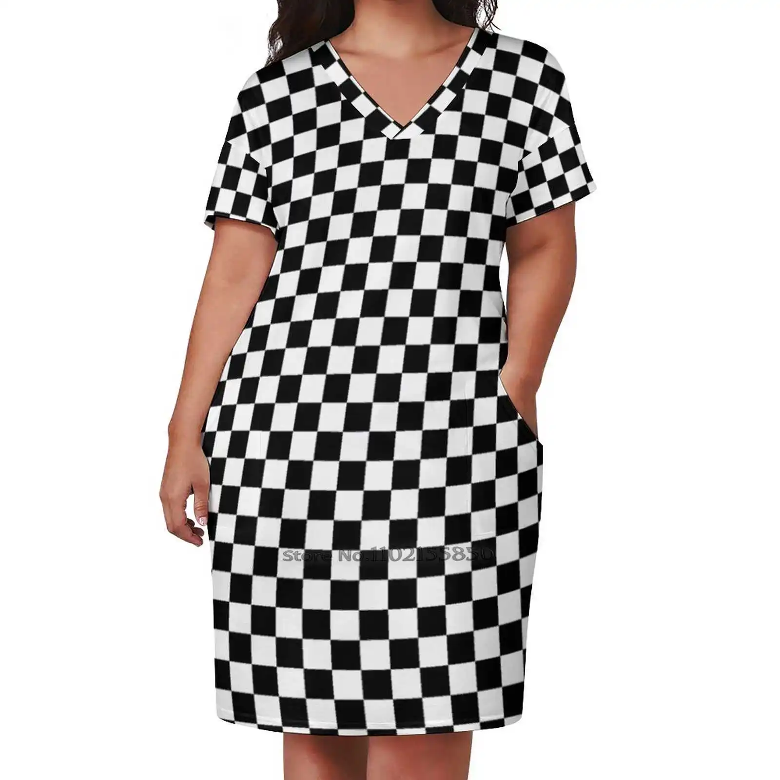 

Checkerboard Grid Pattern Loose Pocket Dress Print Short Sleeve Dresses V-Neck Dress 5Xl Checker Board Checkerboard Grid Black