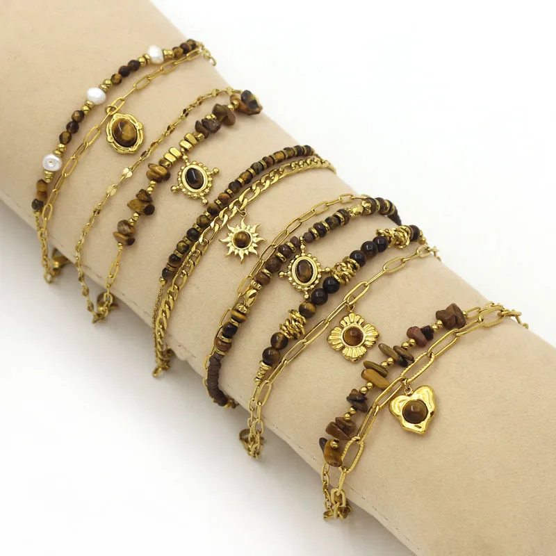 Позолоченный браслет из нержавеющей стали с тигровым камнем для женщин