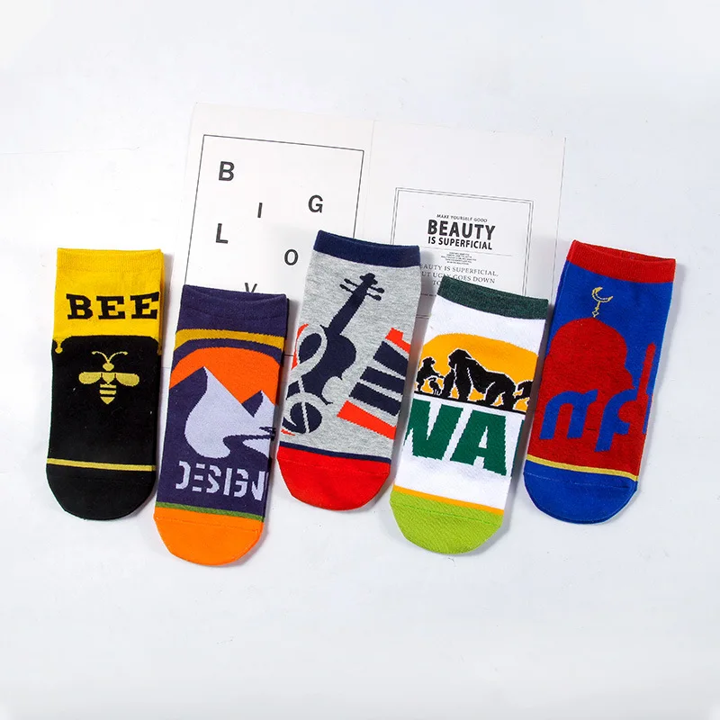 5 double brand Chinese style boys' pure cotton anti slip invisible ship socks men's cotton socks animals flowers gifts men socks