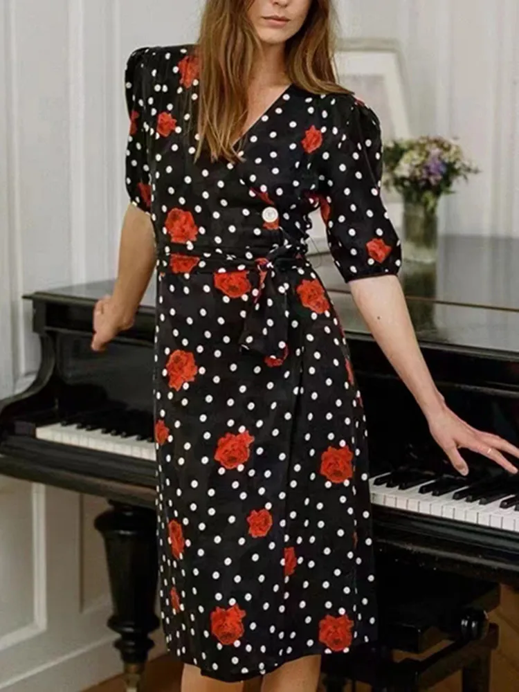 

Dot Rose Print Women's One Piece Wrapped Midi Dress V-neck Lace-up Buttons Short Sleeve Female Holiday Style Robe