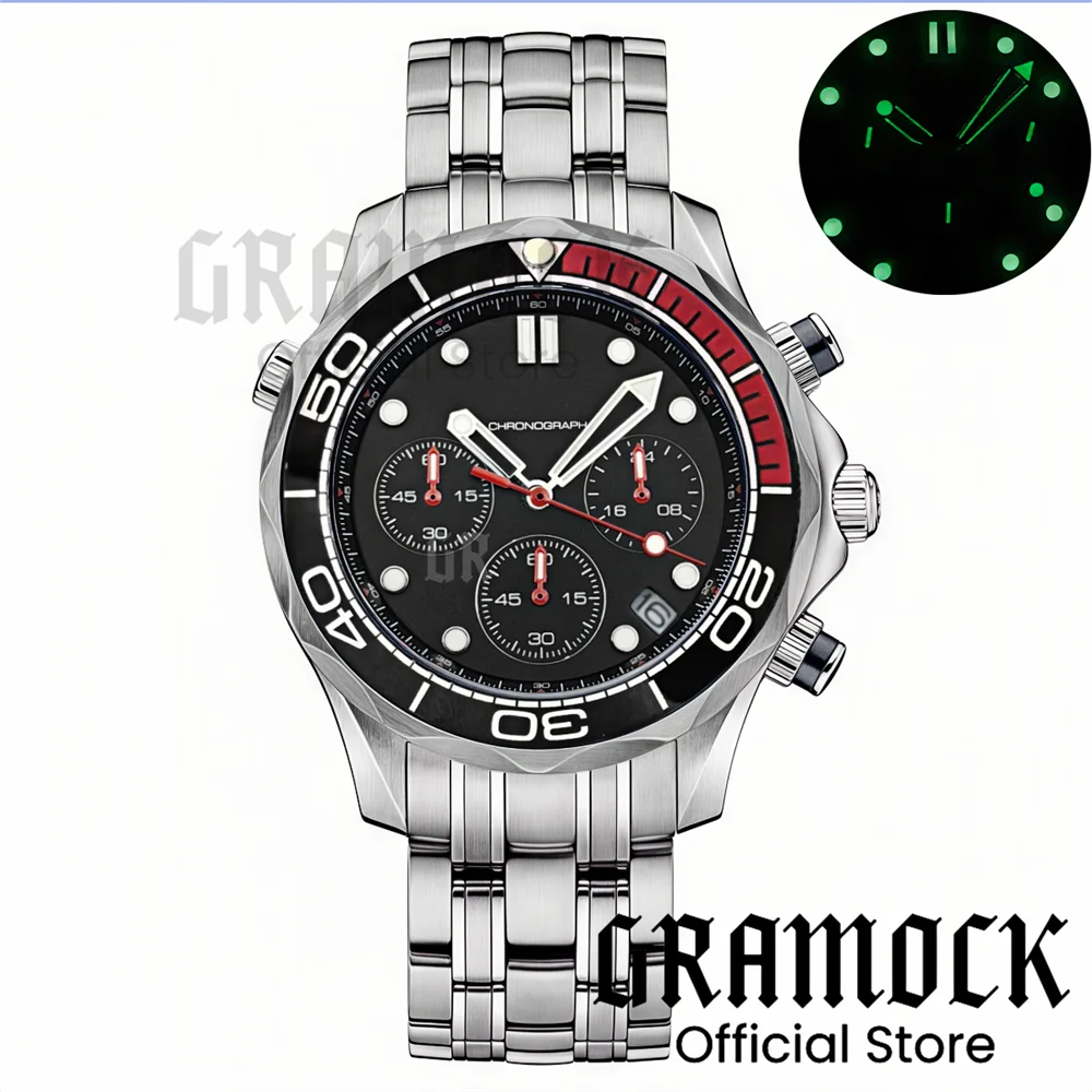 Фото Gramock 41 мм Мужская мода VK63 Наручные часы с хронографом Сапфировое стекло Светящийся циферблат Стрелки Керамический безель Стальные часы для дайвинга для мужчин №4