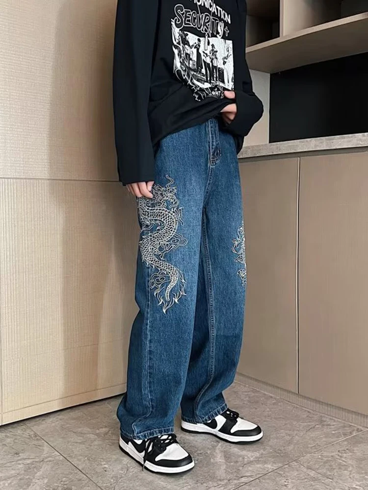 American Streetwear Chinese Dragon Embroidered Straight Loose Pants Y2k Jeans Men and Women Couples Loose Casual Pants Softener
