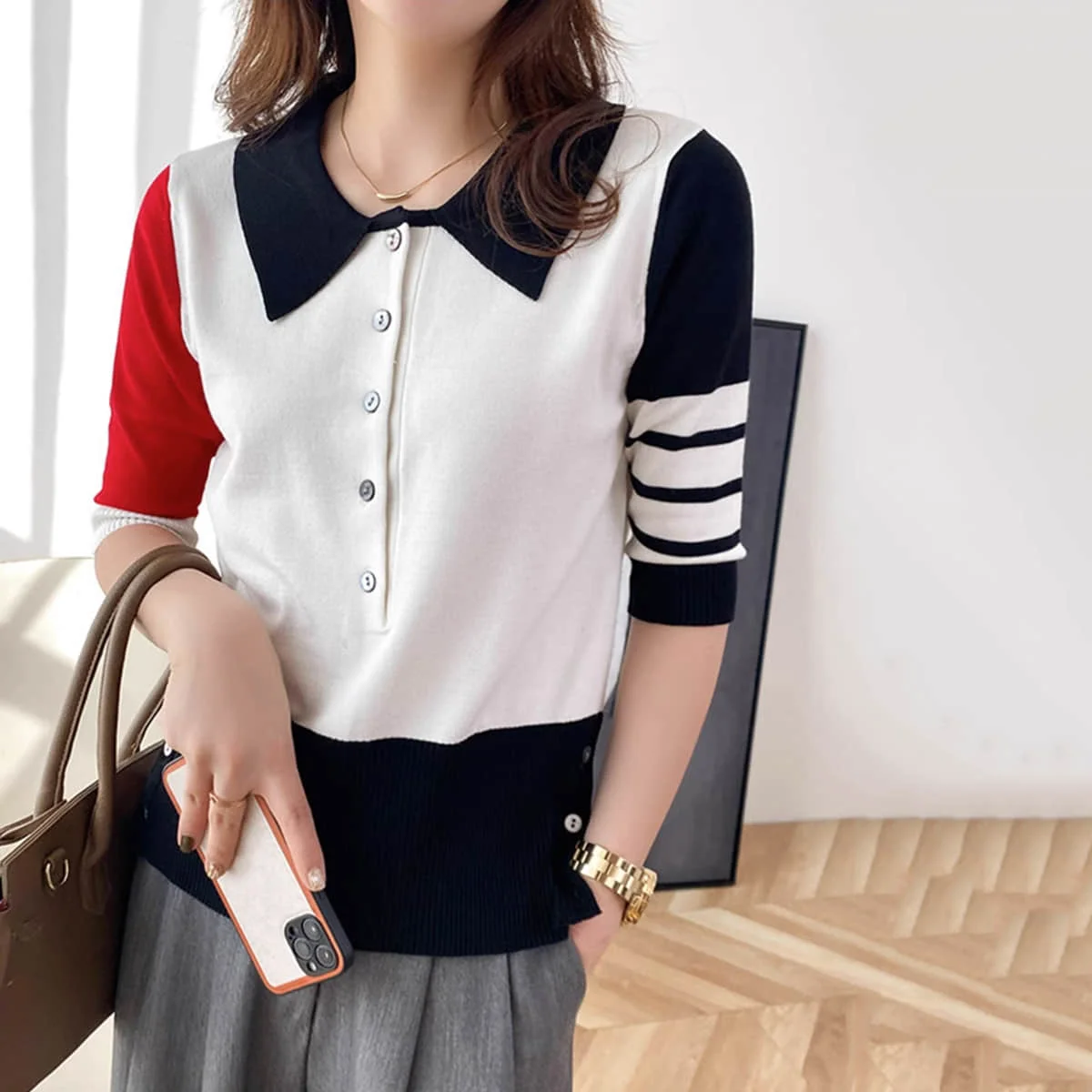 

Womens Summer Sweaters TB RWB-stripe Brand Thom Slim Fit Turndown Collar Striped Cardigans Clothing Wool Coat England Style