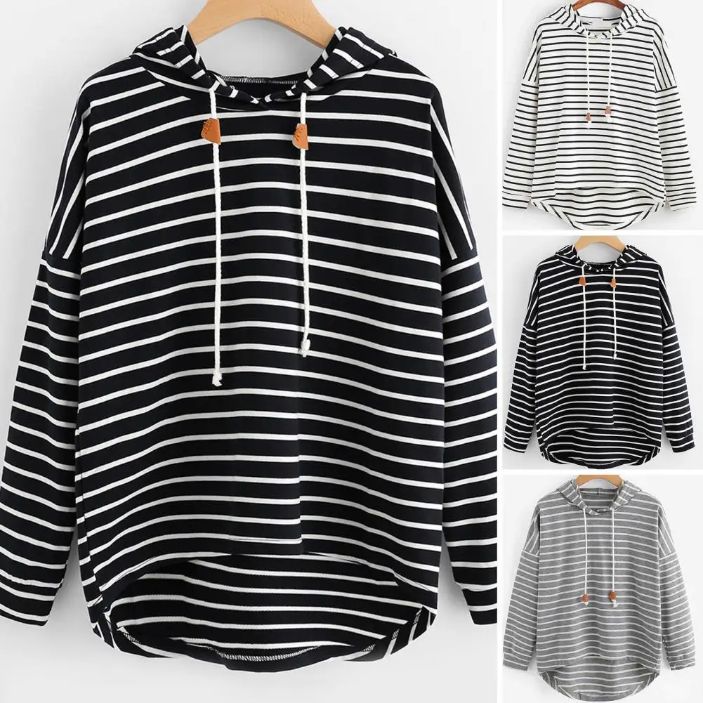 

Women Fall Hoodie Stylish Women's Autumn Hoodie Striped Print Irregular Hem Casual Loose Fit for Spring Long Sleeve Hoodie