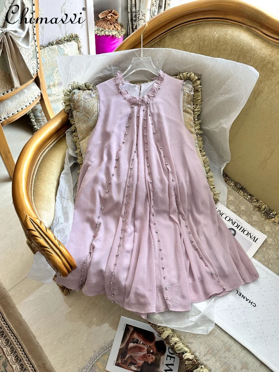 2023 Summer Women's 3D Flower Sweet Dress Fashion Purple Elegant Slimming Elegant Dress Heavy Industry Rhinestone Chiffon Dress