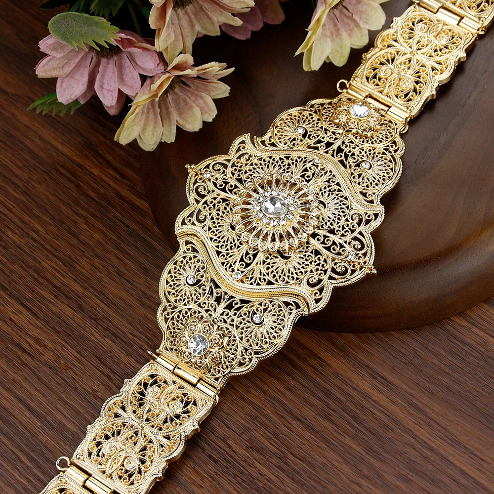 

Sunspicems Elegent Morocco Caftan Belt For Women Caucasus Bride Wedding Jewelry Turkey Crystal Robe Waist Chain Belt Gold Color