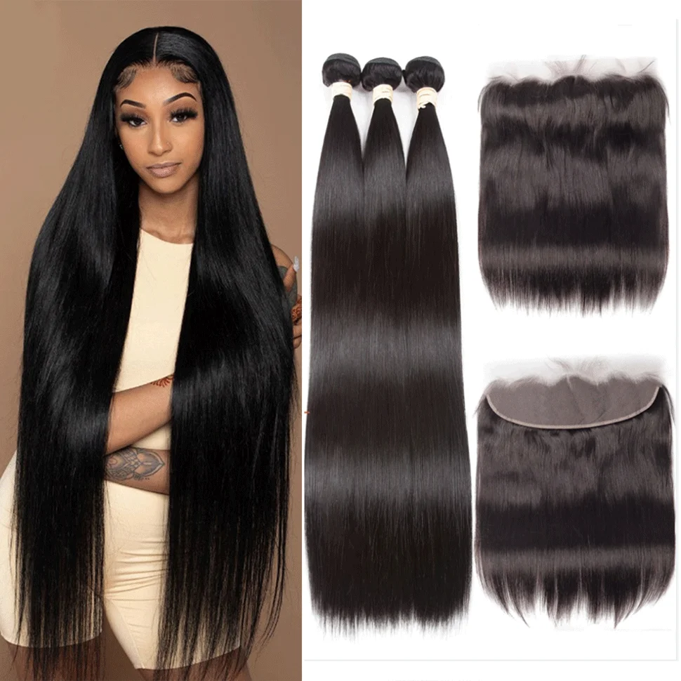 26 28 30 Inch Straight Bundles With Closure Brazilian Hair Weave Bundles With Closure Frontal Pre Plucked Remy Hair Extension