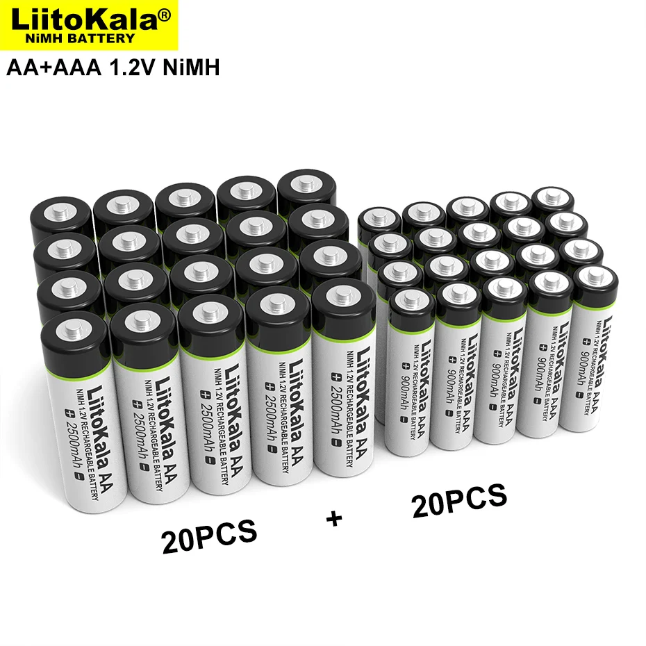 

Liitokala 1,2 V AA 2500mAh * 20PCS AAA 900mAh * 20PCS Ni-MH перезаряжаемая батарея для термопистолета пульт дистанционного управления Мышь игрушка