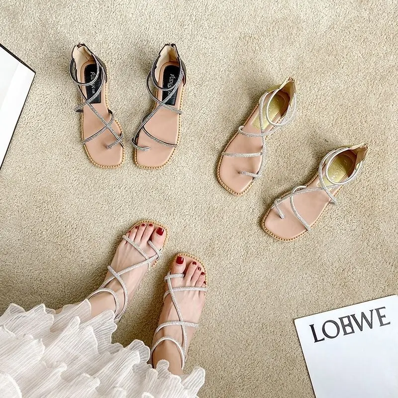 2023 New Summer Sandals Women's Low Heels Comfortable Beach Shoes Cross Strap