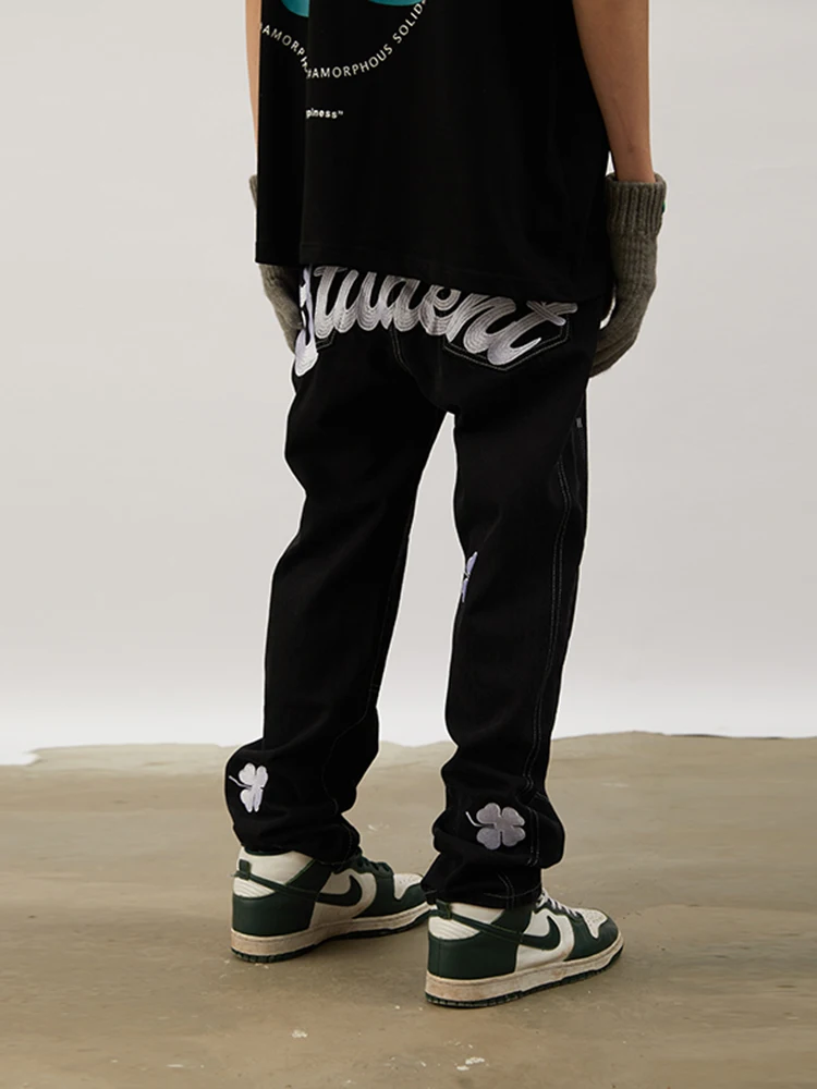 Four Seasons New Men's Jeans Embroidered Letter Jeans Men's Trend Loose Straight Pants Trend Casual Pants Long Pants Baggy Jeans