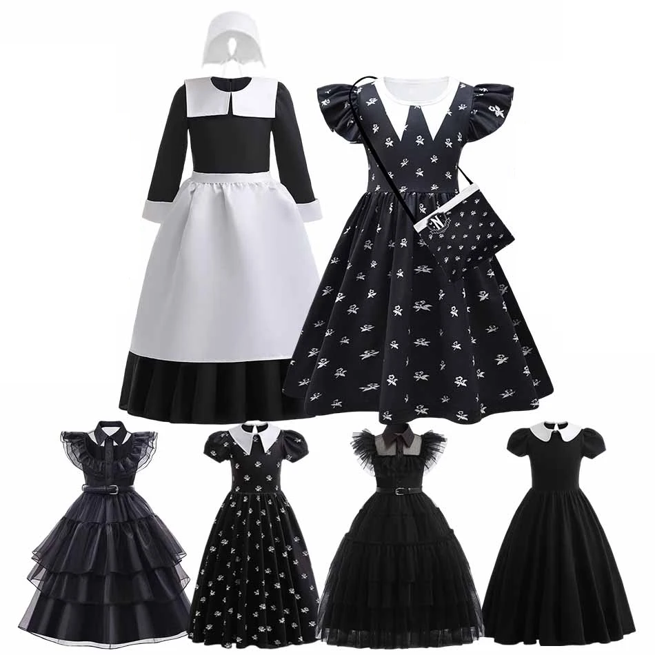 

2023 New Wednesday Addams Dress Cosplay Costume For Girls Kids Party Dresses Carnival Easter Halloween Disguise Costumes 3-12Y