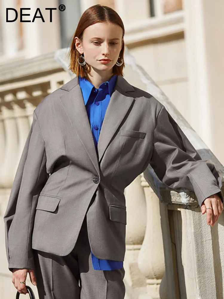 DEAT Fashion Women Blazer Notched Collar Loose Single Button Waist Long Sleeve Pocket Gray Suit Jackets Spring 2023 New 17A5945