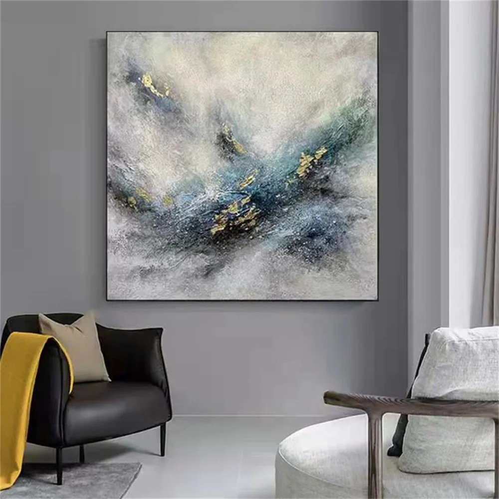 

100% Золотая и синяя текстура ручной работы, абстрактная картина маслом, красивая квадратная Картина на холсте, простой дизайн, настенный пла...