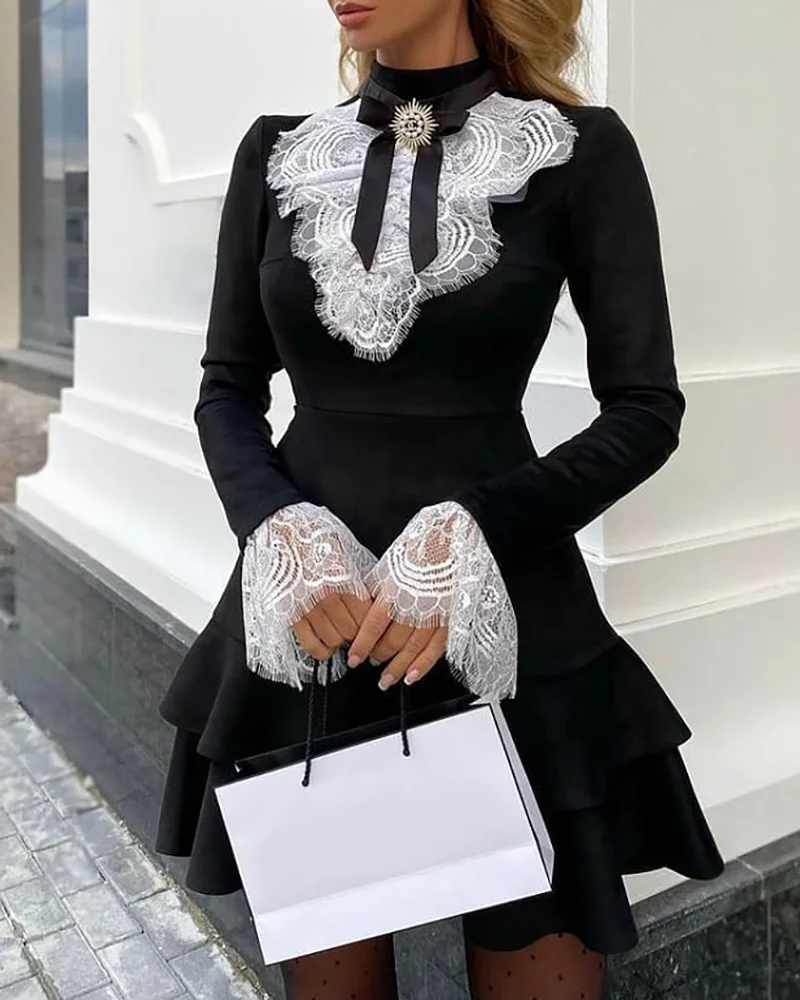 

Женское кружевное мини-платье составного кроя, элегантное Привлекательное платье с длинным рукавом и оборками, офисное классическое Романтическое Платье в стиле пэчворк, 2023