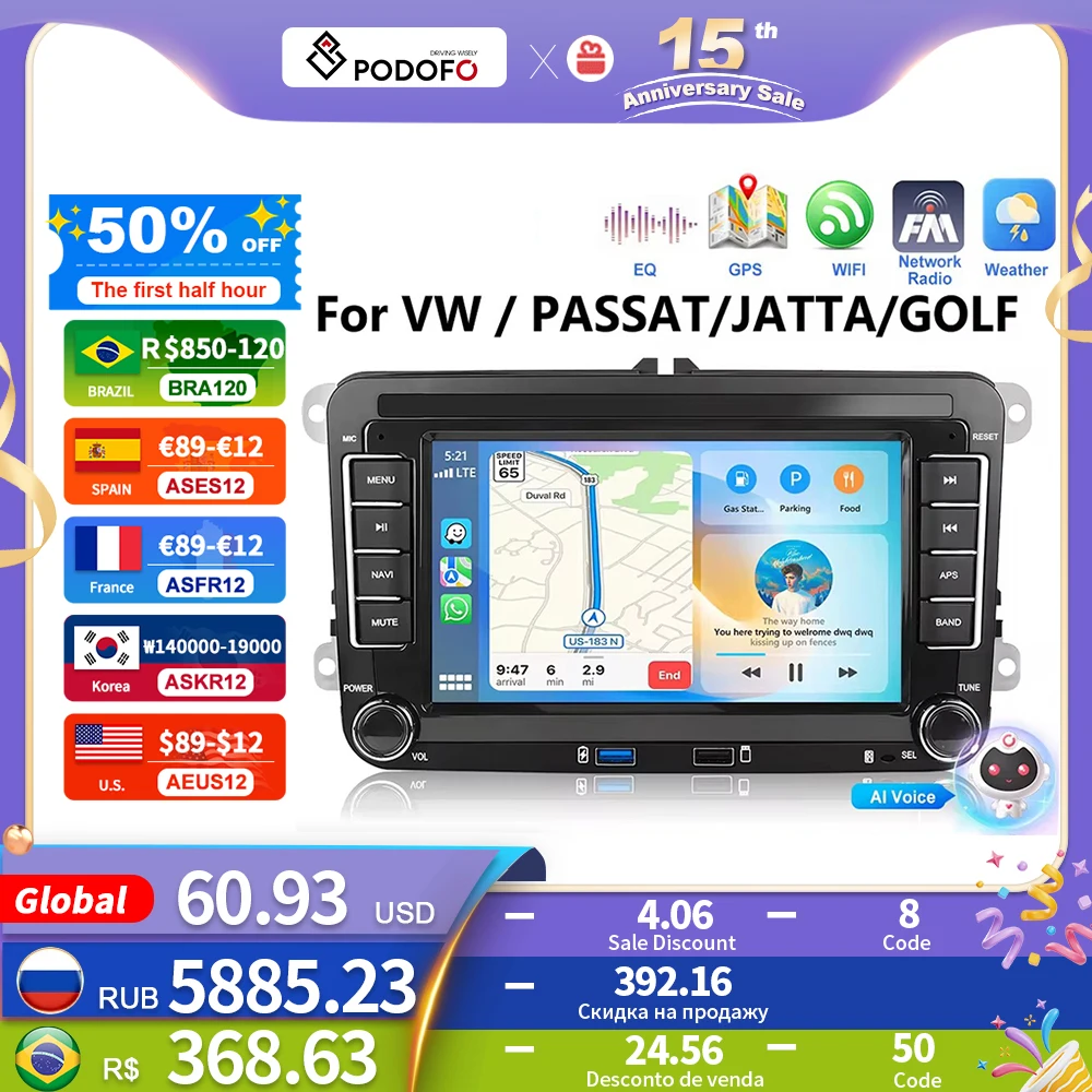 

Podofo 2 din Android Радио для VW Volkswagen Golf Polo Skoda Rapid Octavia Tiguan Passat Jetta Altea Leon Auto Carplay GPS Радио